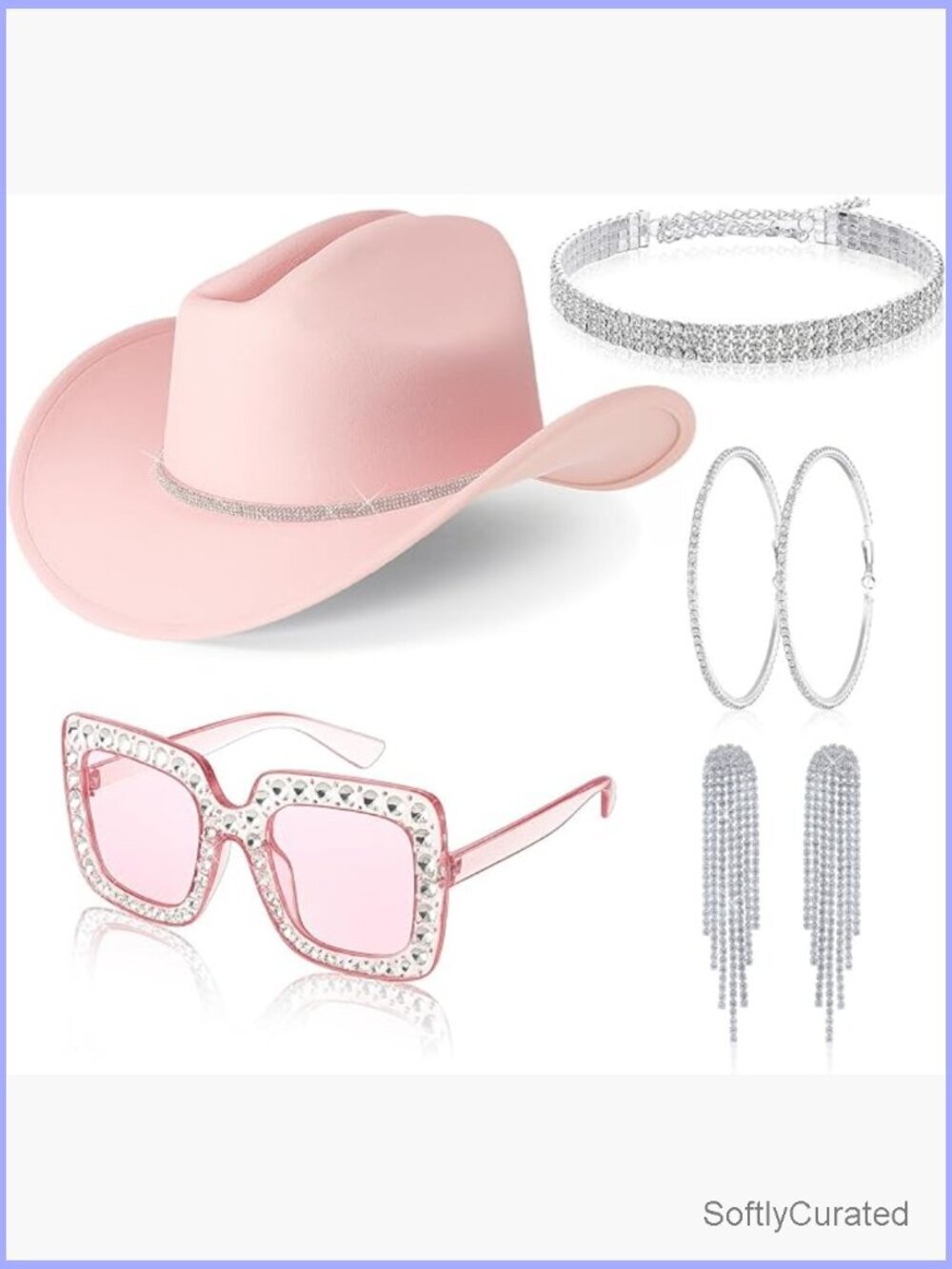 Cowgirl Hat Set Rhinestone Cowboy Earring Necklace Sunglass Disco Costume Parts